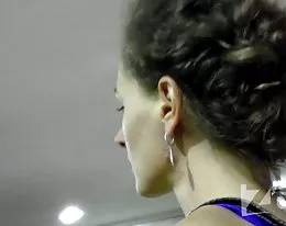 Girl in wide blue dress. Pink pussy in yellow panties