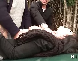 French brunette sodomized in threesome with Papy Voyeur